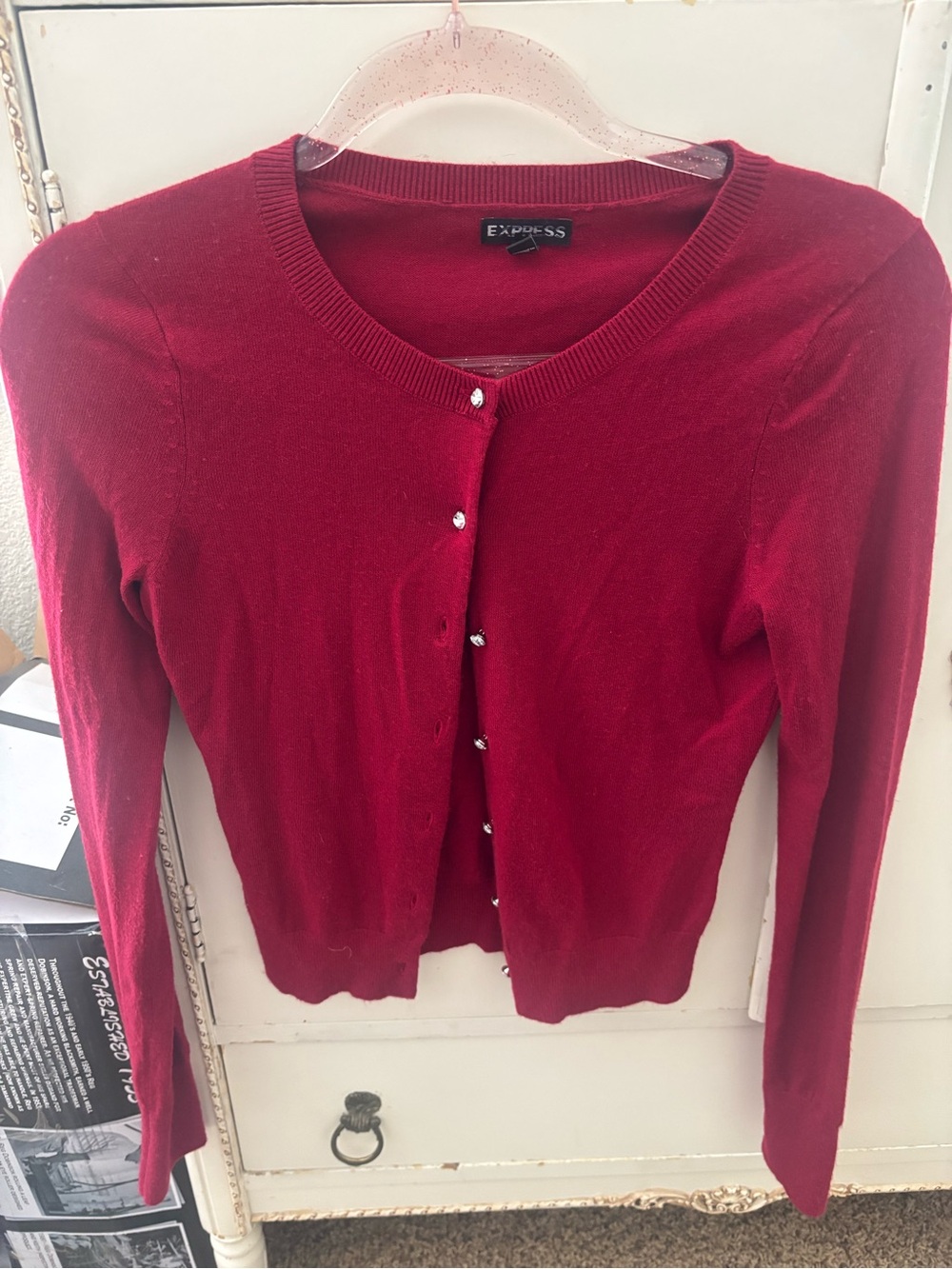 Express Deep Red Rhinestone-Button Cardigan